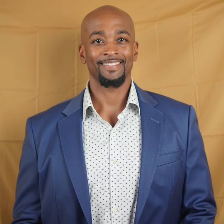 AI image of Daniel Booker, blazer, warm studio
